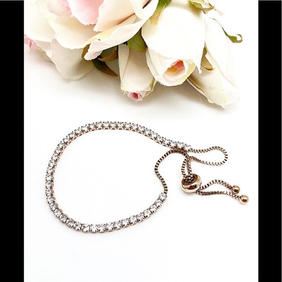 CZ Rose Gold Steel Toggle Bracelet w/Silicone Slider, Fits Up To 8 1/2”, NEW - Picture 2 of 4